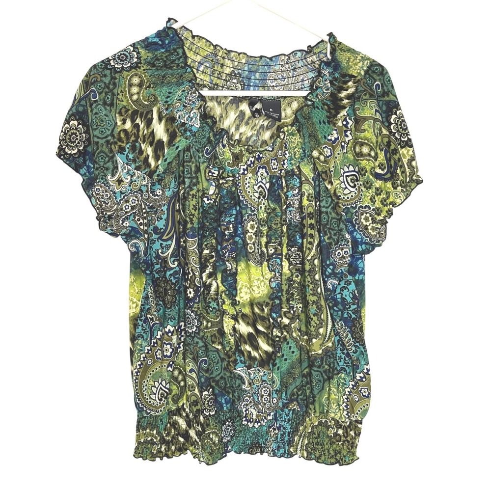 New Directions PL Green Paisley Blouse Smocked Ruffle Neck Boho Whimsigoth Top